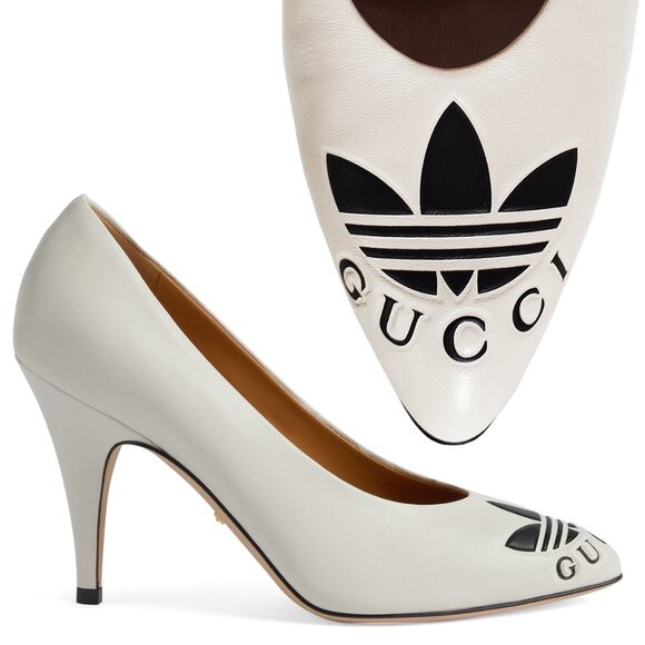GUCCI SHOES ADIDAS X TREFOIL WHITE LEATHER PUMPS w LOGO sz 39.5 / 9.5 - Picture 1 of 16